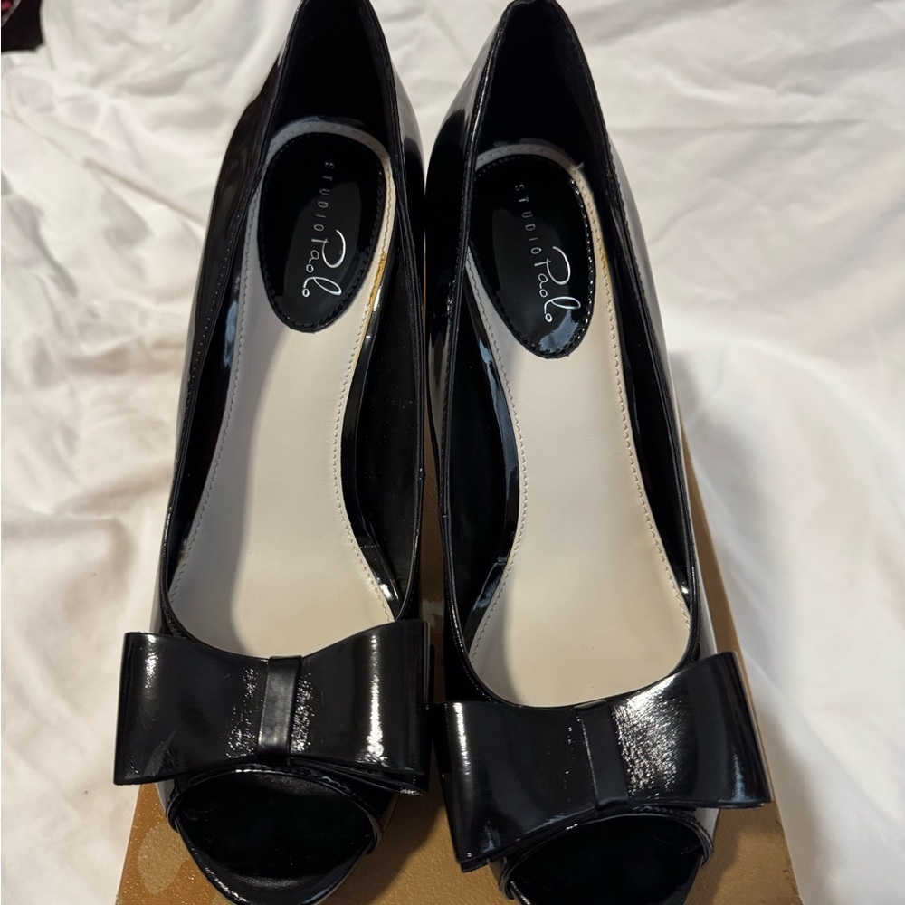 Studio Paolo Black Patent Peep-Toe Heels